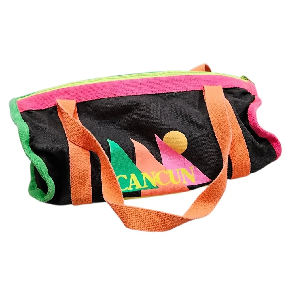 Vintage 80s 90 Cancun Mexico‎ Mini Duffel Bag Neon Trim Travel Beach Bag